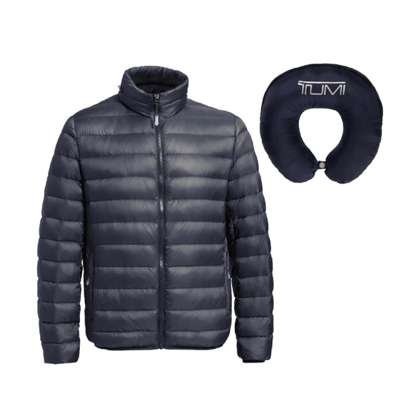 Tumi PAX Packable Navy Jacket Mens XL Down Feather Neck Pillow - Picture 1 of 9